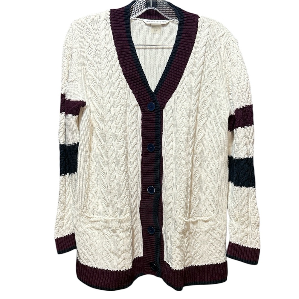 Cable Knit Cardigan - Cream with Burgundy and Navy Trim